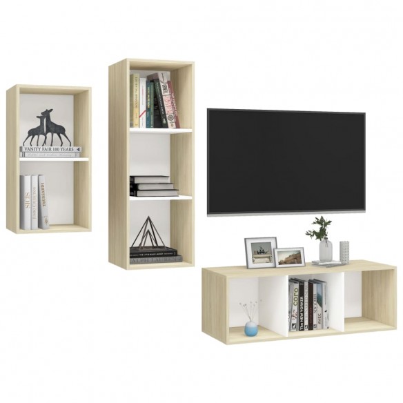 Ensemble de meuble TV 3 pcs Blanc et chêne sonoma Aggloméré