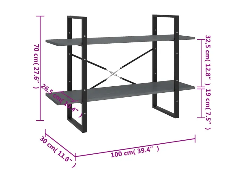 Bibliothèque à 2 niveaux Gris 100x30x70 cm Bois de pin massif