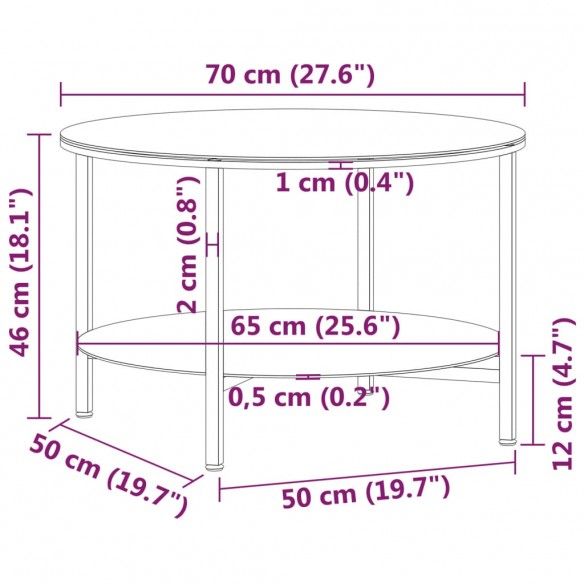 Table à thé Noir et marbre blanc 70 cm Verre trempé