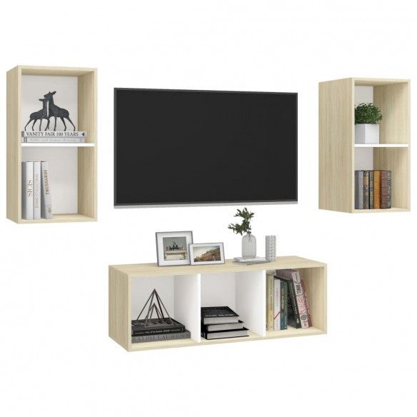 Ensemble de meuble TV 3 pcs Blanc et chêne sonoma Aggloméré