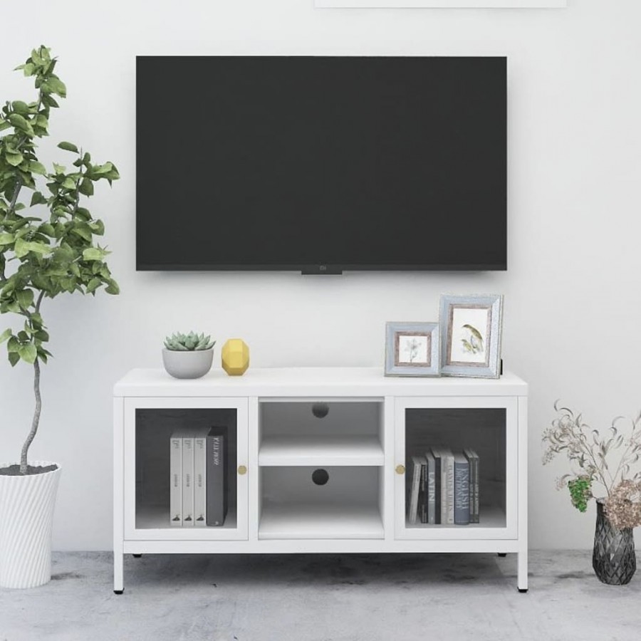 Meuble TV Blanc 105x35x52 cm Acier et verre