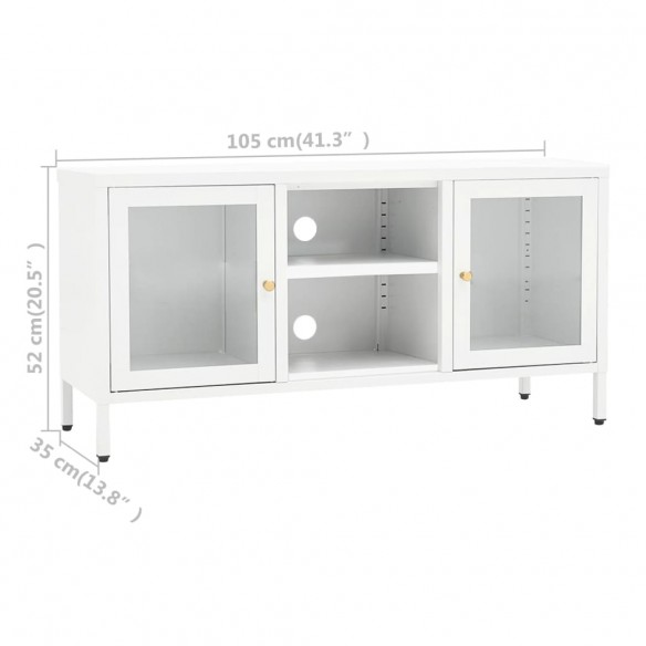 Meuble TV Blanc 105x35x52 cm Acier et verre