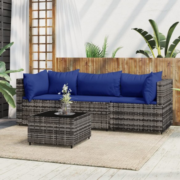 Salon de jardin 4 pcs avec coussins Gris Résine tressée