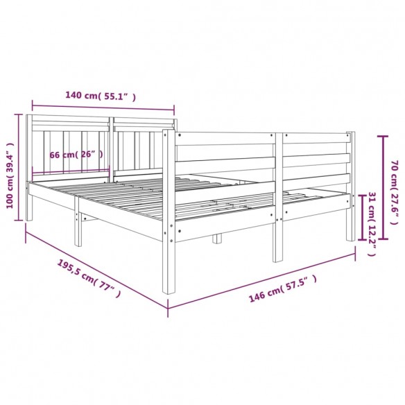 Cadre de lit Gris Bois massif 140x190 cm