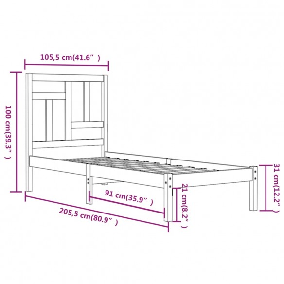 Cadre de lit Gris Bois de pin massif 100x200 cm