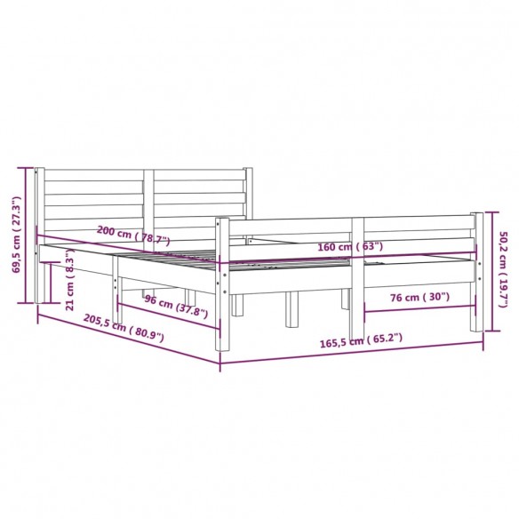 Cadre de lit Noir Bois massif 160x200 cm