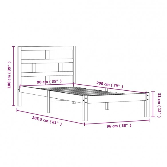 Cadre de lit Gris Bois de pin massif 90x200 cm