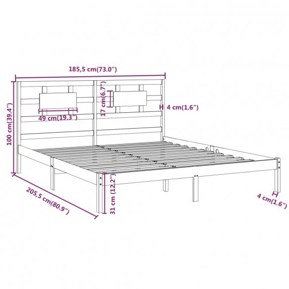 Cadre de lit Gris Bois massif 180x200 cm Super King