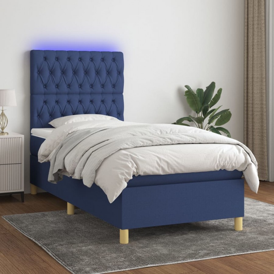 Cadre de lit et matelas et LED Bleu 80x200cm Tissu