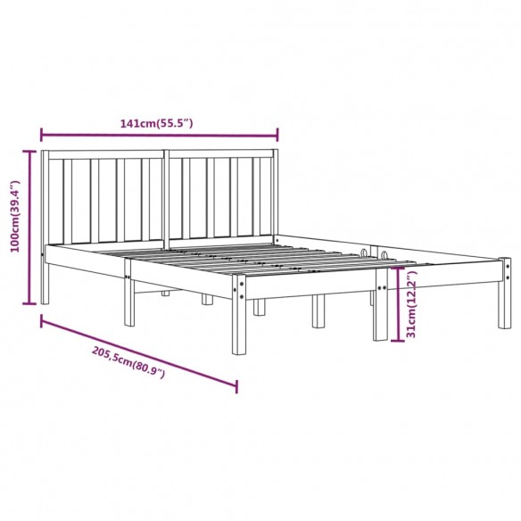 Cadre de lit Gris Bois de pin massif 135x190 cm Double