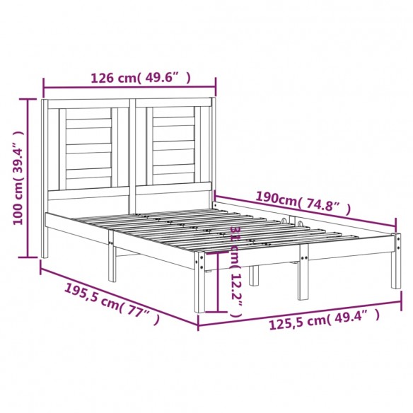 Cadre de lit Noir Bois massif 120x190 cm Petit Double