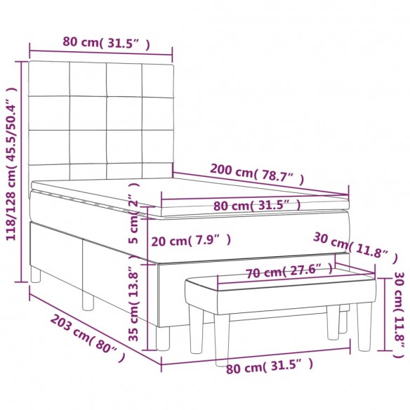 Cadre de lit et matelas Gris foncé 80x200 cm Velours