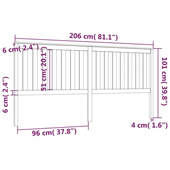 Tête de lit Marron miel 206x6x101 cm Bois massif de pin