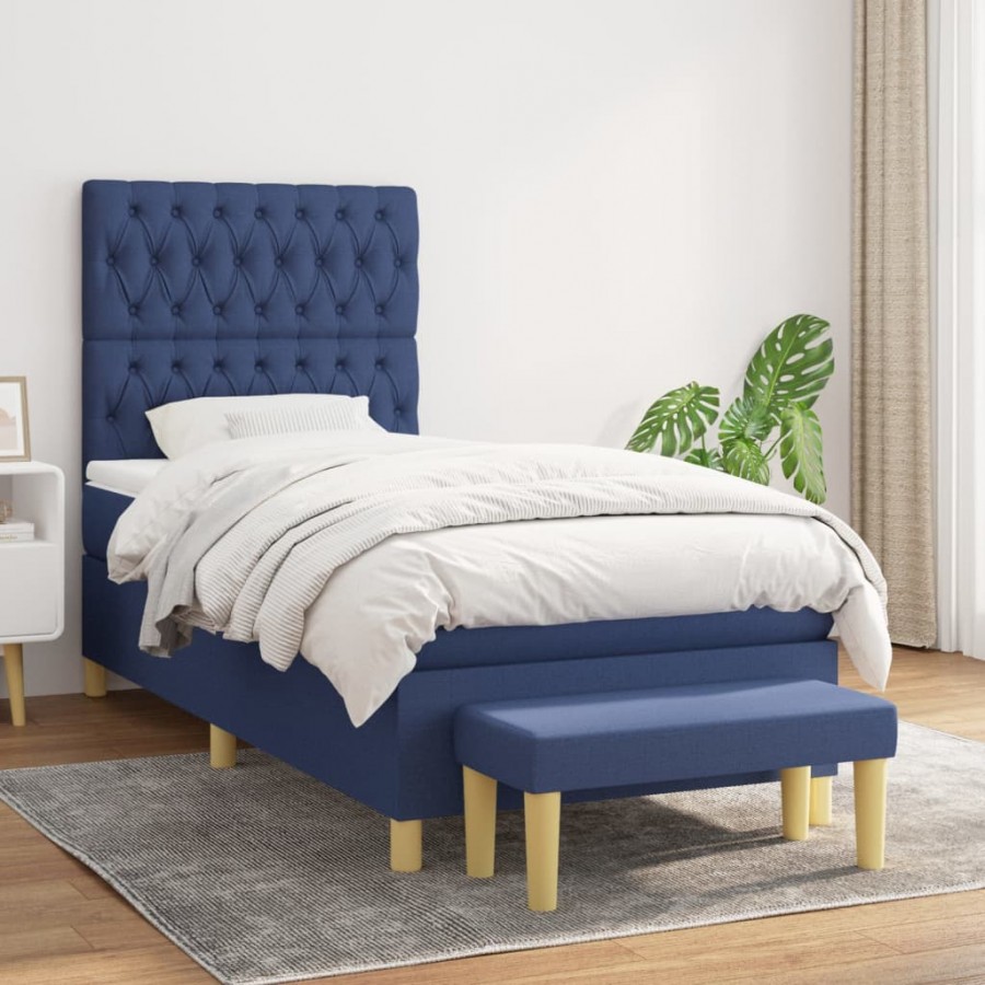 Cadre de lit avec matelas Bleu 90x190 cm Tissu