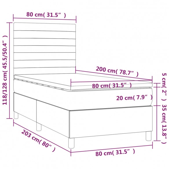 Cadre de lit avec matelas Gris foncé 80x200 cm Tissu