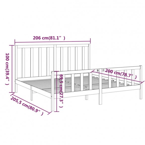 Cadre de lit Gris Bois de pin massif 200x200 cm