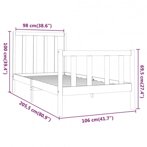 Cadre de lit Gris Bois de pin massif 100x200 cm