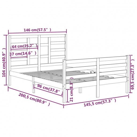 Cadre de lit Gris Bois massif 140x200 cm