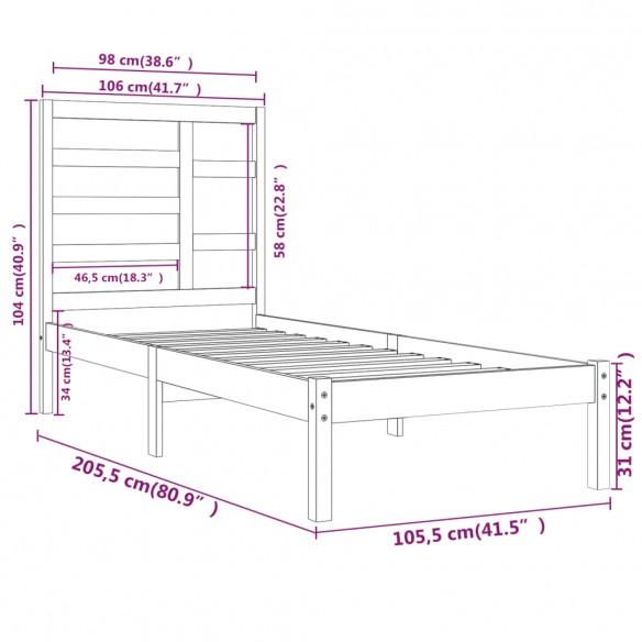 Cadre de lit Gris Bois massif 100x200 cm