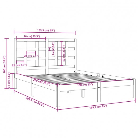 Cadre de lit Blanc Bois massif 160x200 cm