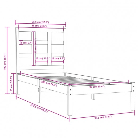 Cadre de lit Bois massif 90x200 cm