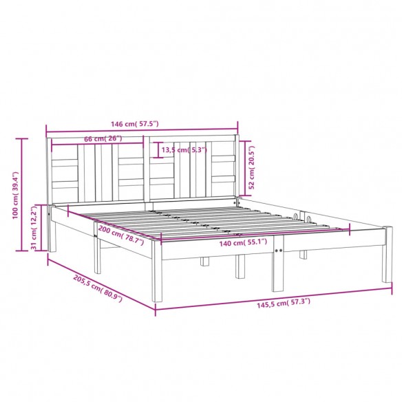 Cadre de lit Marron miel Bois massif 140x200 cm