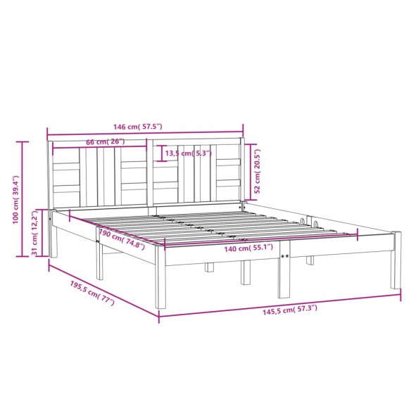 Cadre de lit Gris Bois massif 140x190 cm