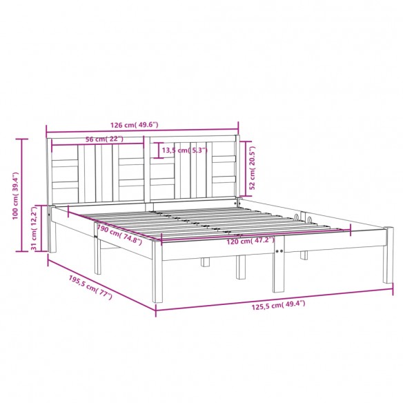 Cadre de lit Noir Bois massif 120x190 cm Petit Double