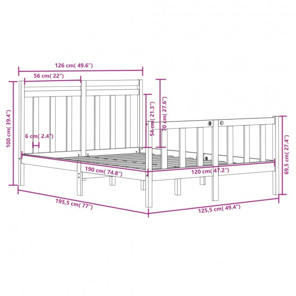 Cadre de lit Marron miel Bois massif 120x190 cm Petit Double