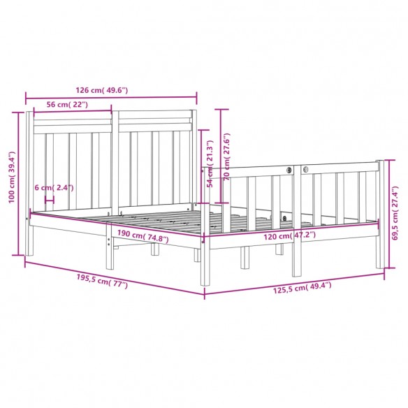 Cadre de lit Blanc Bois massif 120x190 cm Petit Double