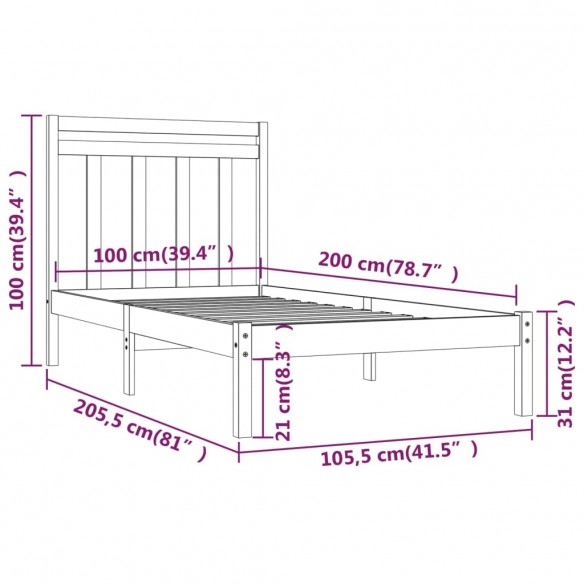 Cadre de lit Gris Bois massif 100x200 cm