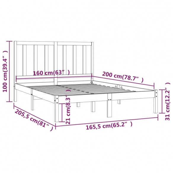 Cadre de lit Blanc Bois de pin massif 160x200 cm