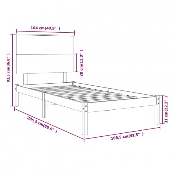 Cadre de lit Gris Bois de pin massif 100x200 cm