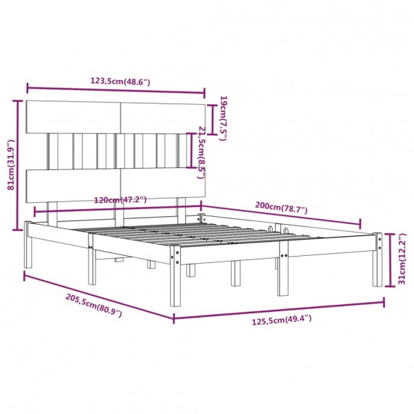 Cadre de lit Marron miel Bois massif 120x200 cm