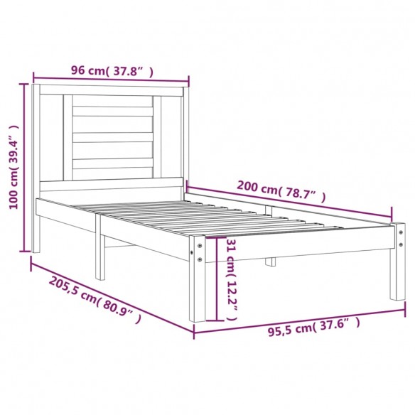 Cadre de lit Blanc Bois de pin massif 90x200 cm