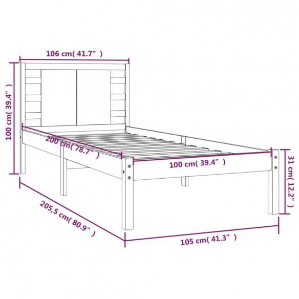 Cadre de lit Gris Bois de pin massif 100x200 cm