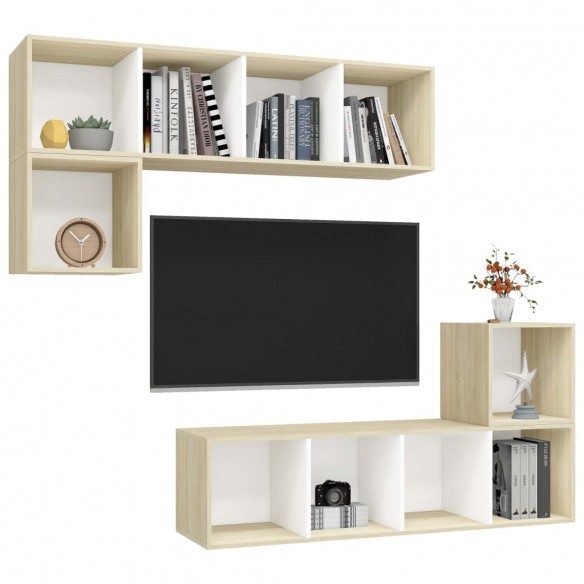 Ensemble de meuble TV 4 pcs Blanc et chêne sonoma Aggloméré