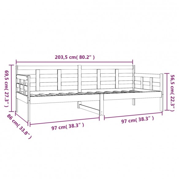 Lit de jour gris bois de pin massif 80x200 cm