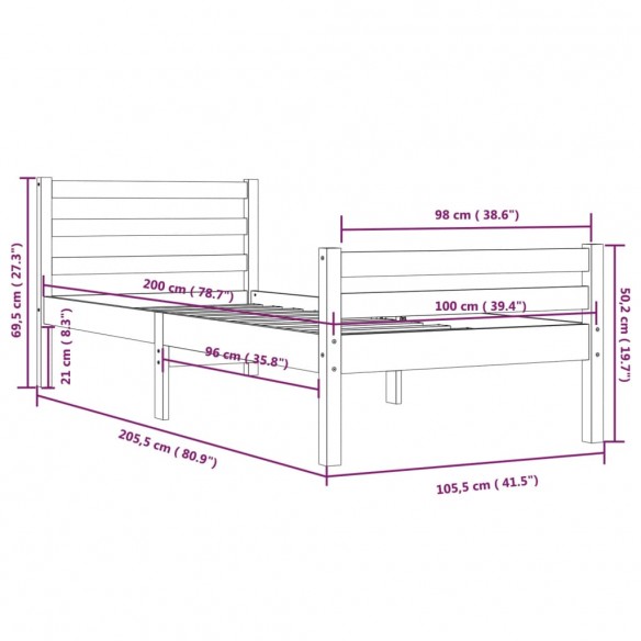 Cadre de lit Marron miel Bois massif 100x200 cm