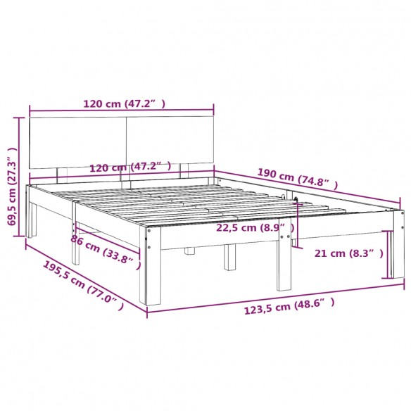 Cadre de lit Noir Bois massif 120x190 cm Petit double