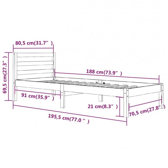 Cadre de lit Bois de pin massif 75x190 cm Blanc petit simple