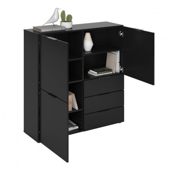 FMD Commode avec 3 portes et 3 tiroirs Noir