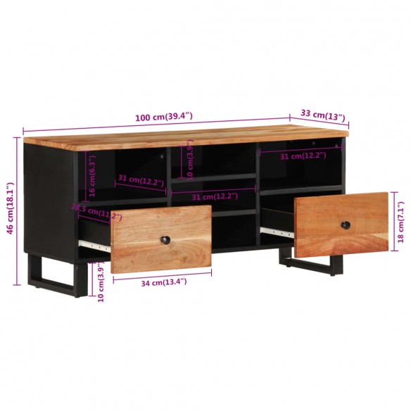 Meuble TV 100x33x46 cm bois d'acacia solide et d'ingénierie