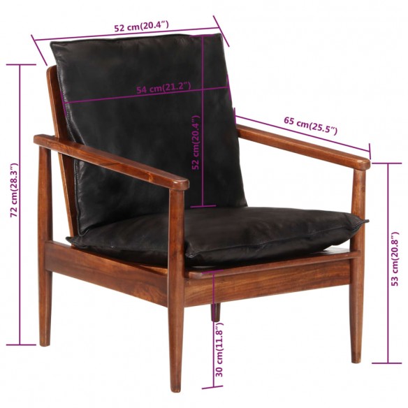 Fauteuil noir cuir véritable et bois d'acacia solide