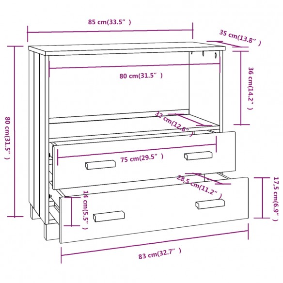 Buffet HAMAR Gris clair 85x35x80 cm Bois massif de pin