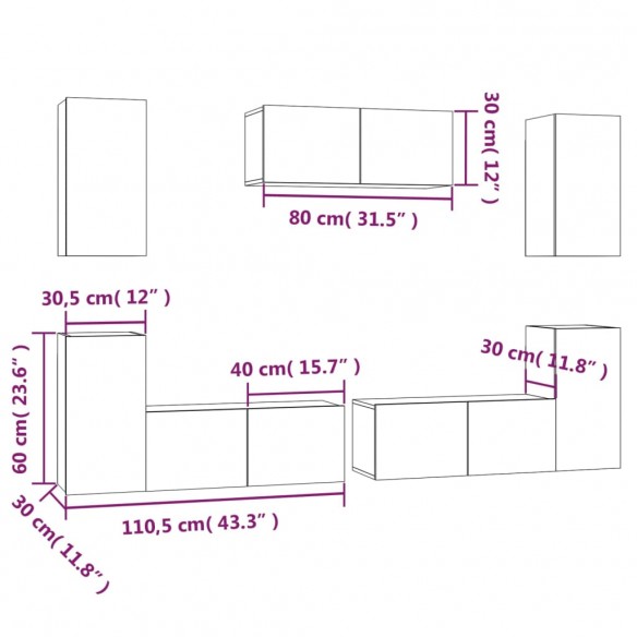 Ensemble de meubles TV 7 pcs Noir Bois d'ingénierie