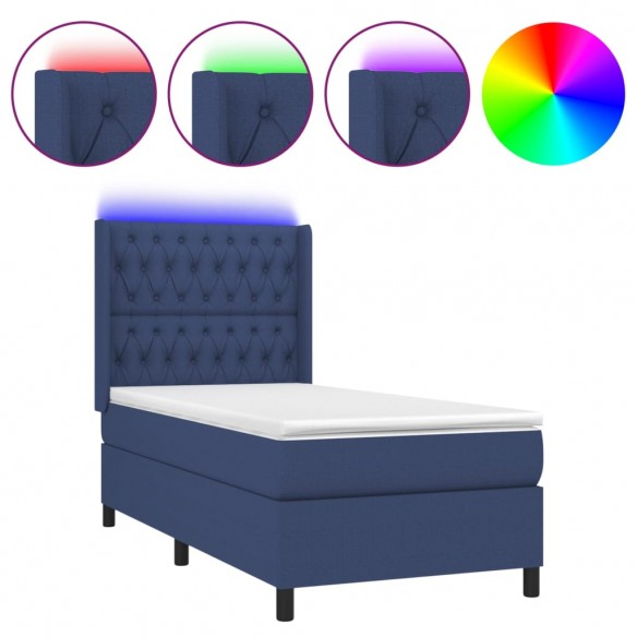 Cadre de lit matelas et LED Bleu 90x190 cm Tissu