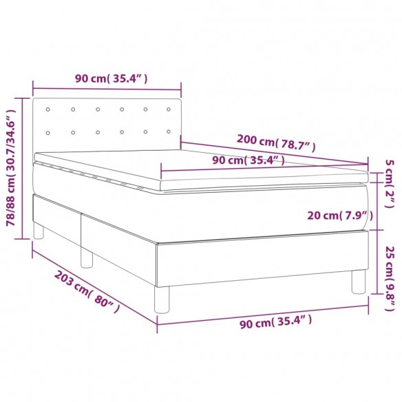 Cadre de lit et matelas et LED Marron foncé 90x200cm