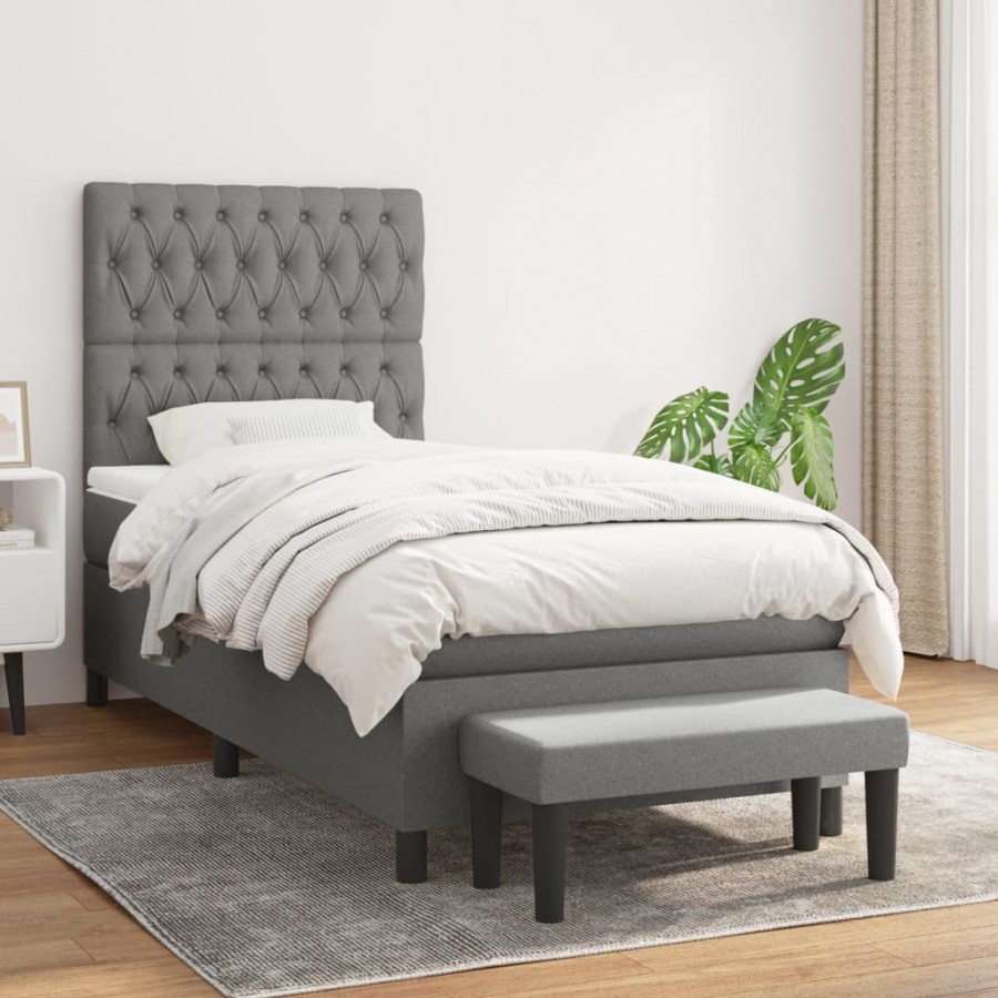 Cadre de lit avec matelas Gris foncé 100x200cm Tissu