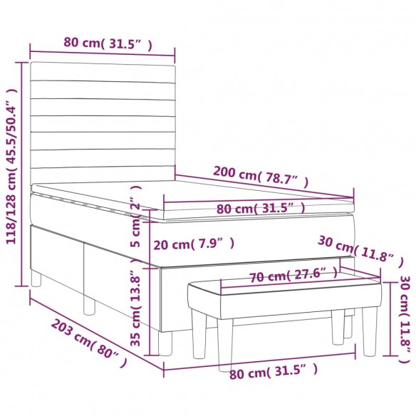 Cadre de lit avec matelas Gris clair 80x200 cm Tissu